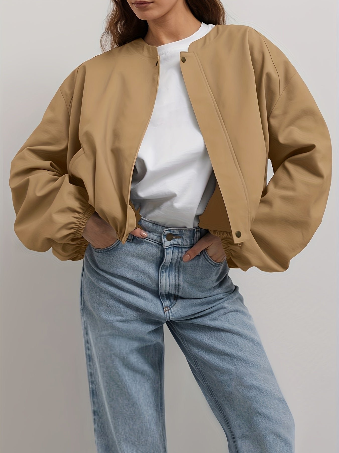 b830818fa8816df01523ccfac4f5d59e-1 Ruched Simple Jacket, Casual Solid Open Front Long Sleeve Outerwear, Women's Clothing