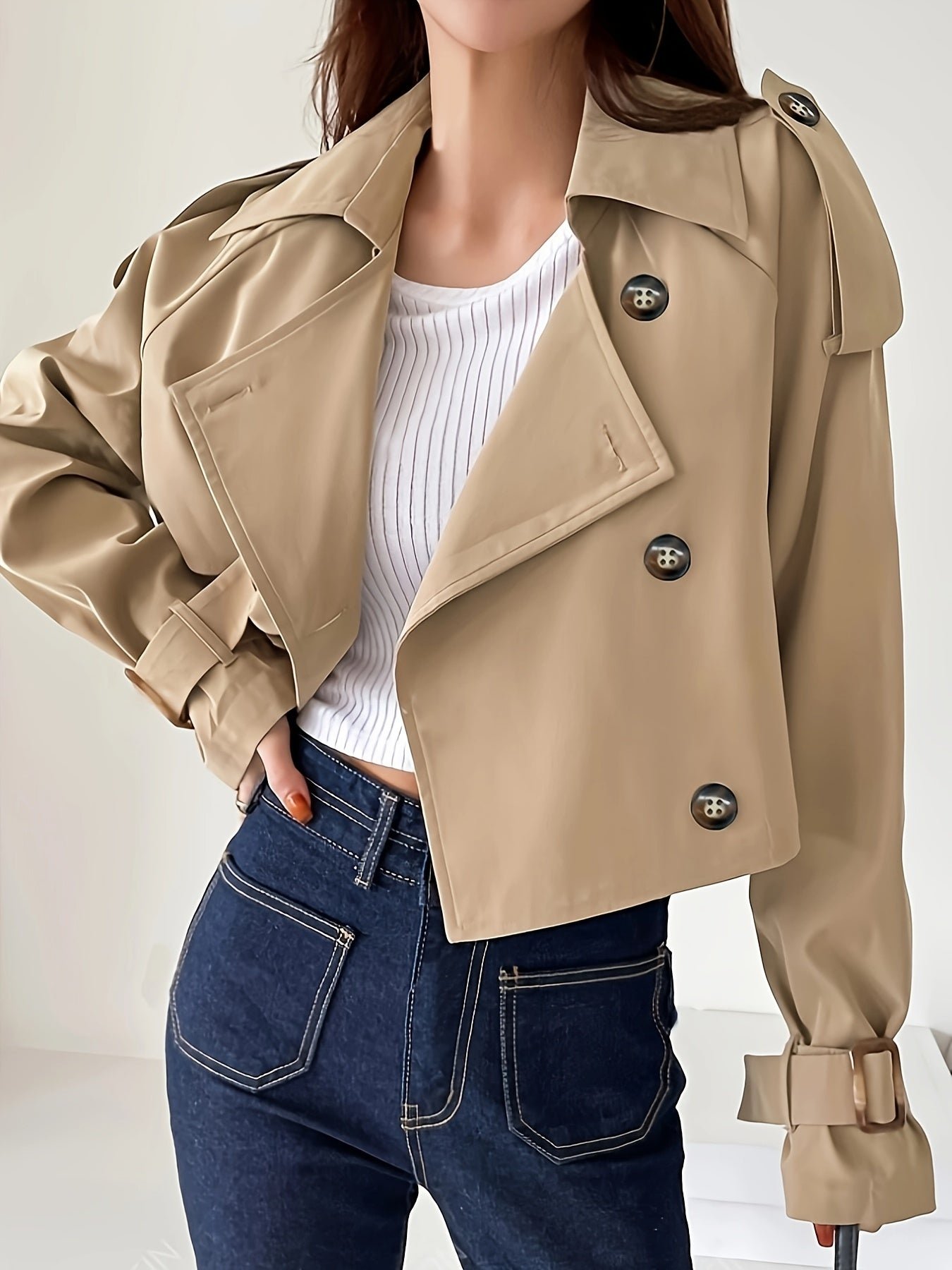 Solid Color Open Front Jacket, Casual Lapel Neck Fake Buttons Long Sleeve Jacket For Spring & Fall, Women's Clothing