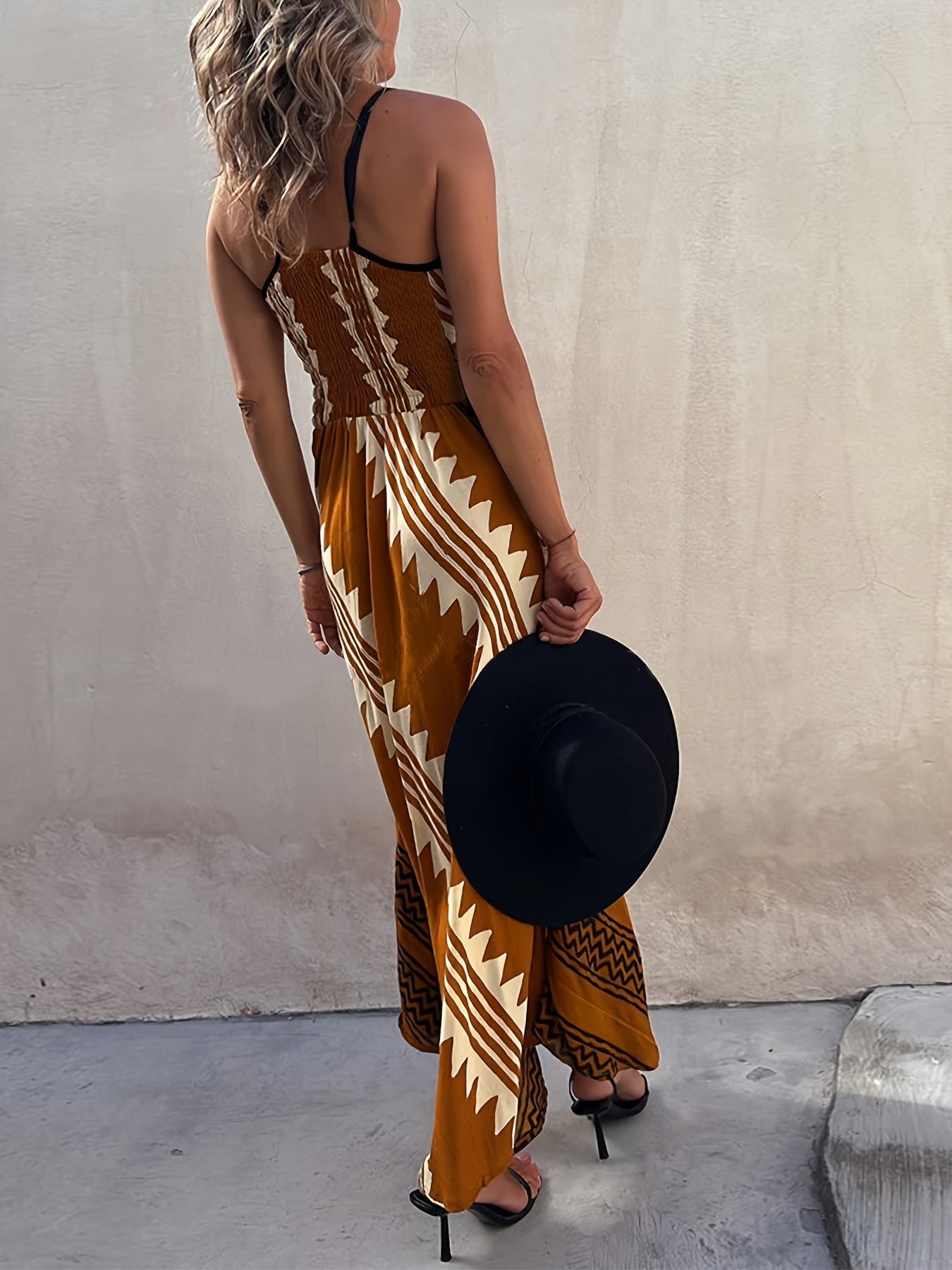 baeb2797-a764-4b33-a704-0e1f7f83c088-1 Ethnic Print Two Tone Cami Dress, Elegant V Neck Sleeveless Ankle Length Cami Dress For Spring & Summer, Women's Clothing