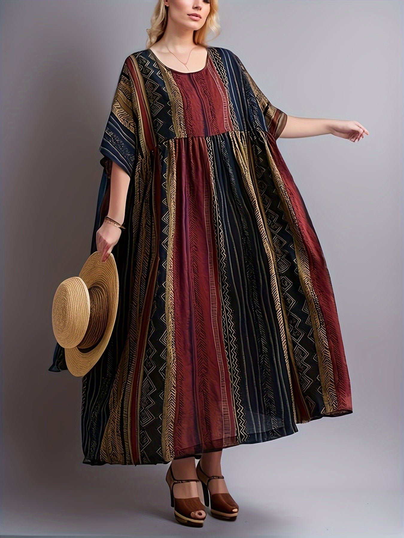 Plus Size Colorblock Stripe Print Loose Dress, Casual Short Sleeve Ruched Dress For Spring & Summer, Women's Plus Size Clothing