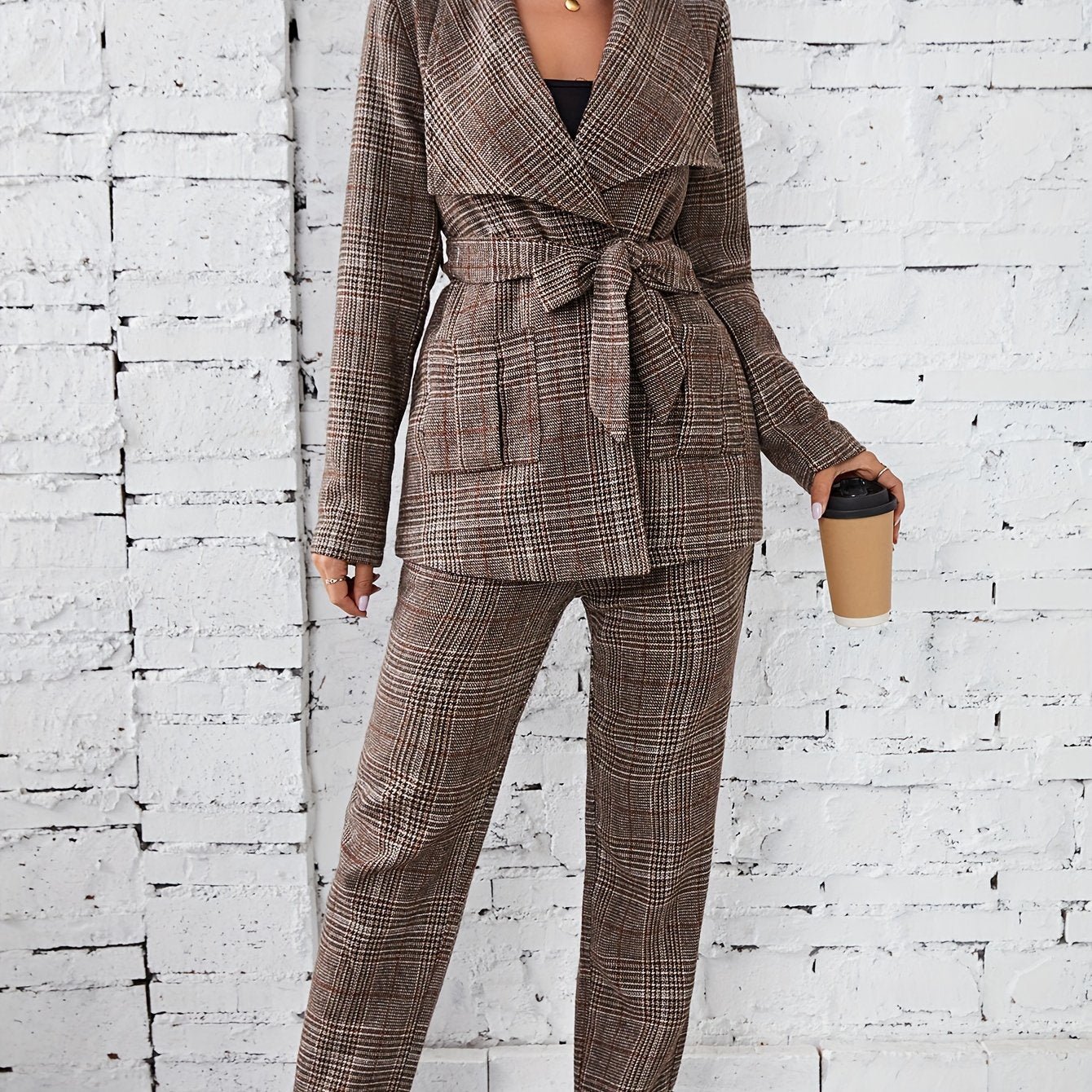 Plaid Pattern Elegant Two-piece Set, Long Sleeve Open Front Tops & Wide Leg Pants Outfits, Women's Clothing