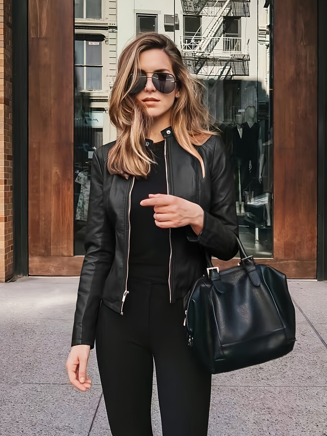 Women's Street Style Chic Coated Stretchy Plain Black Color Jacket With Zipper Pockets And Modern Fit
