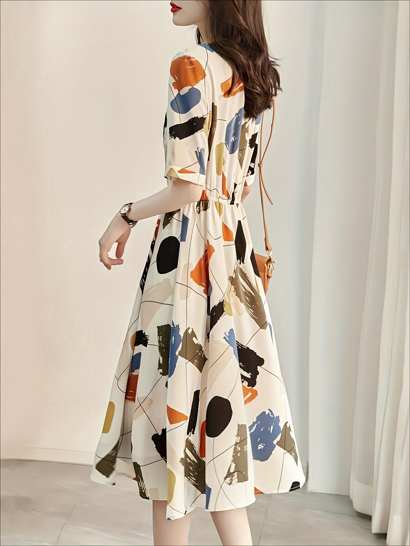 Allover Print Button Front A-line Dress, Elegant Short Sleeve Dress For Spring & Summer, Women's Clothing