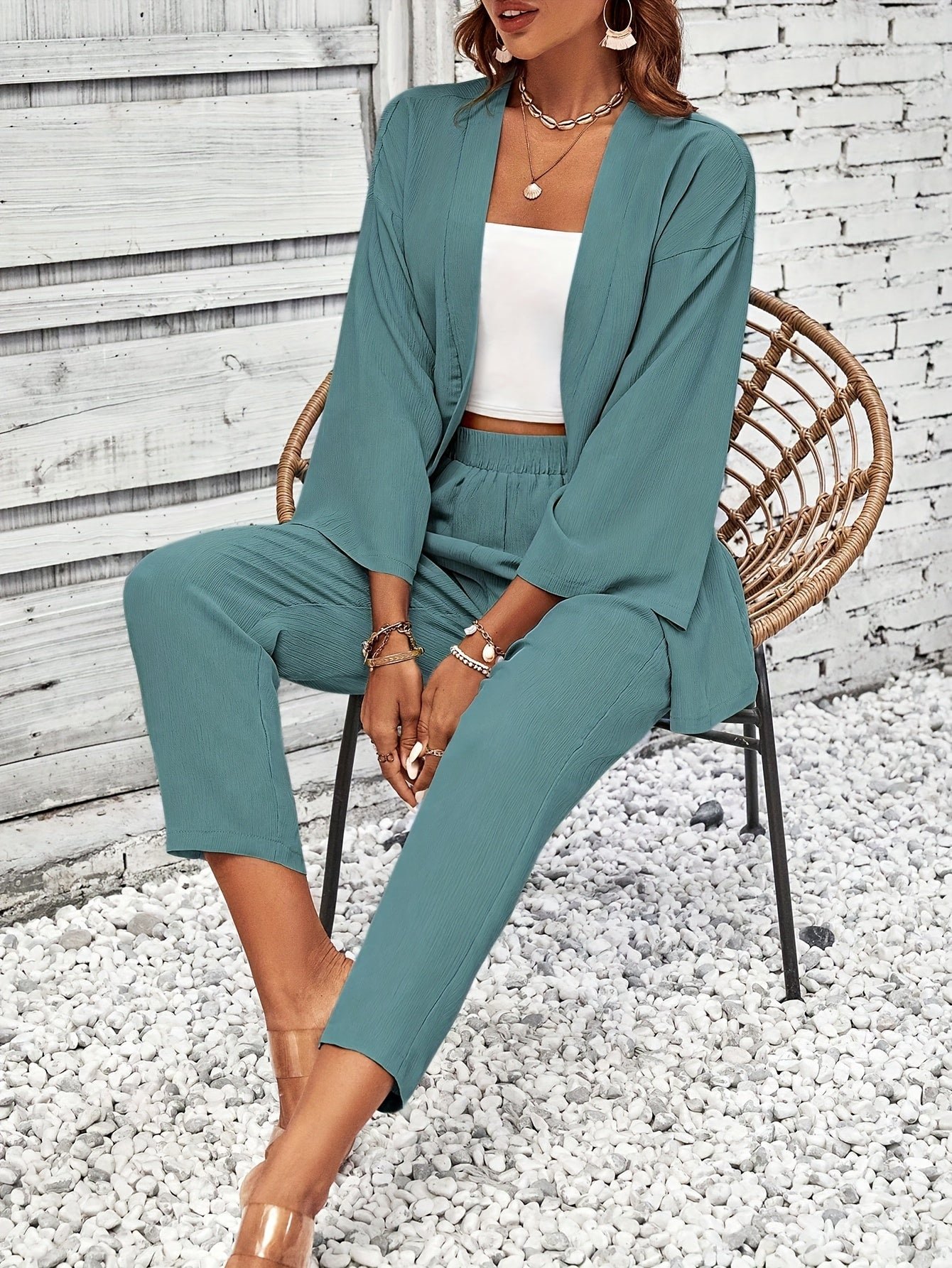Elegant Solid Color Pantsuits Set, Open Front Outwear & Straight Leg Pants Outfits, Women's Clothing