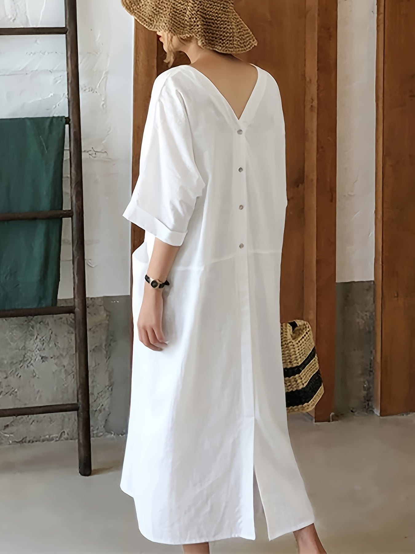 Solid Color Button Coverup Dress, Casual V Neck Half Sleeve Loose Midi Dress With Pocket, Women's Clothing