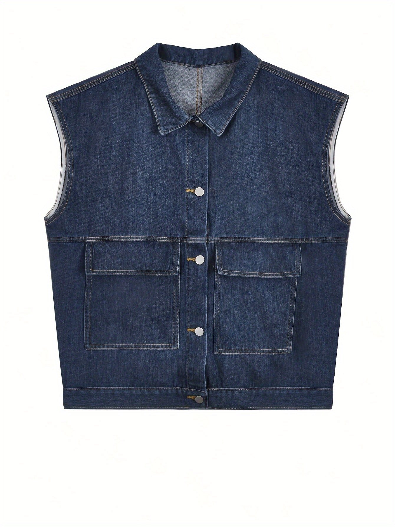 Women's Sleeveless Denim Jacket, Solid Color Turn-Down Collar, Loose Fit, Single-Breasted Casual Versatile Street Style Jean Outerwear for Spring/Summer