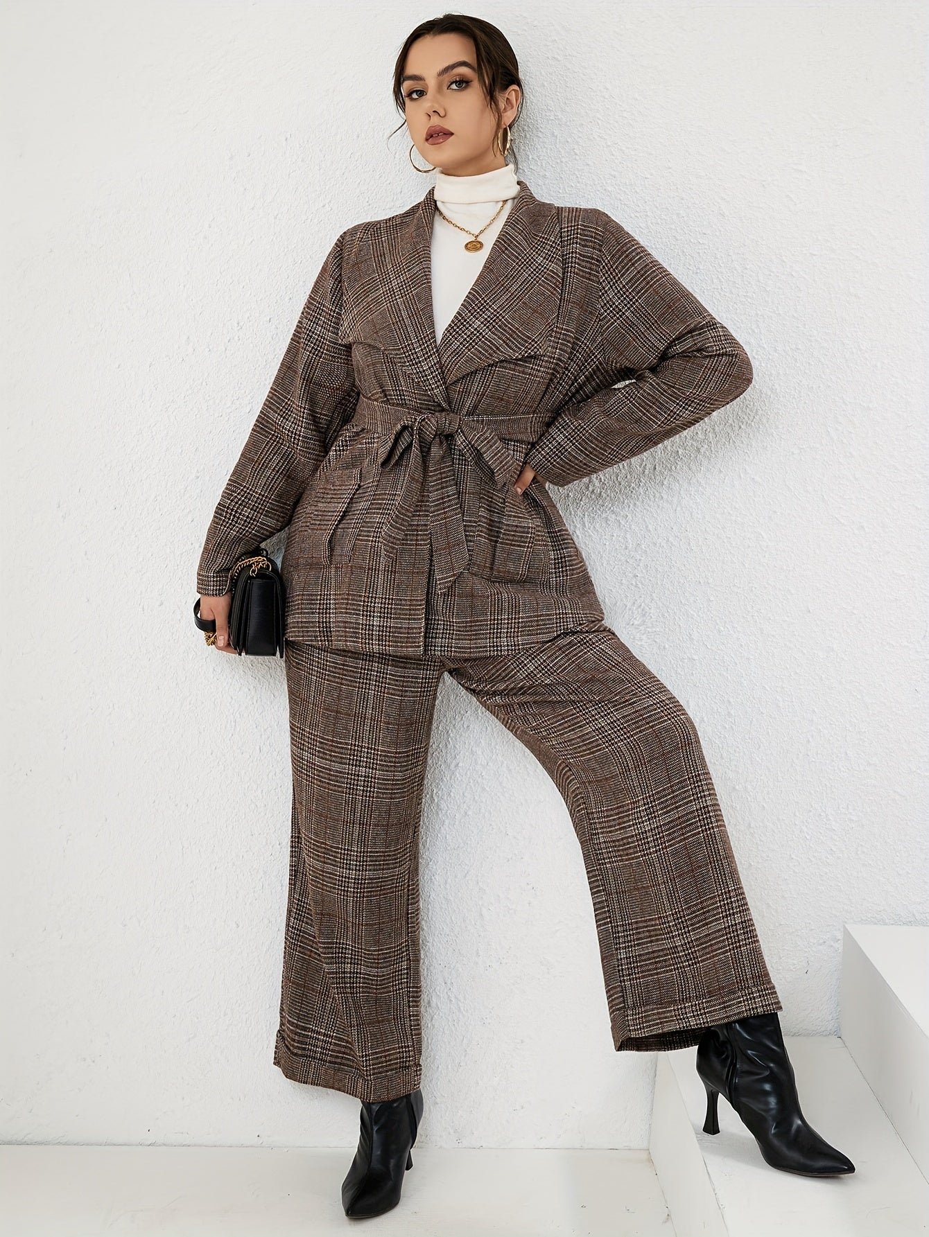 Plus Size Elegant Suit Set, Women's Plus Plaid Print Long Sleeve Waterfall Collar Belted Blazer & Wide Leg Pants Outfits Two Piece Set