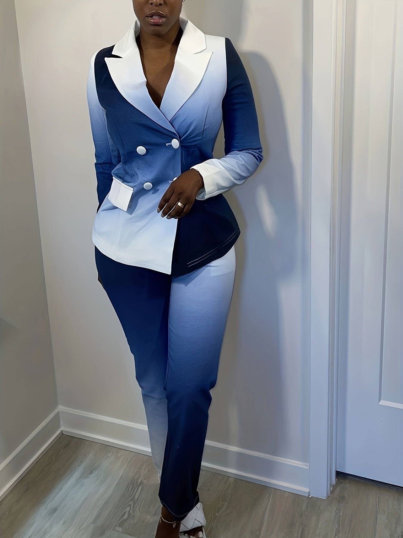 Casual Fashion Ombre Pantsuits Two-piece Set, Long Sleeve Blazer Tops & Fashion Pencil Pants Set, Women's Clothing