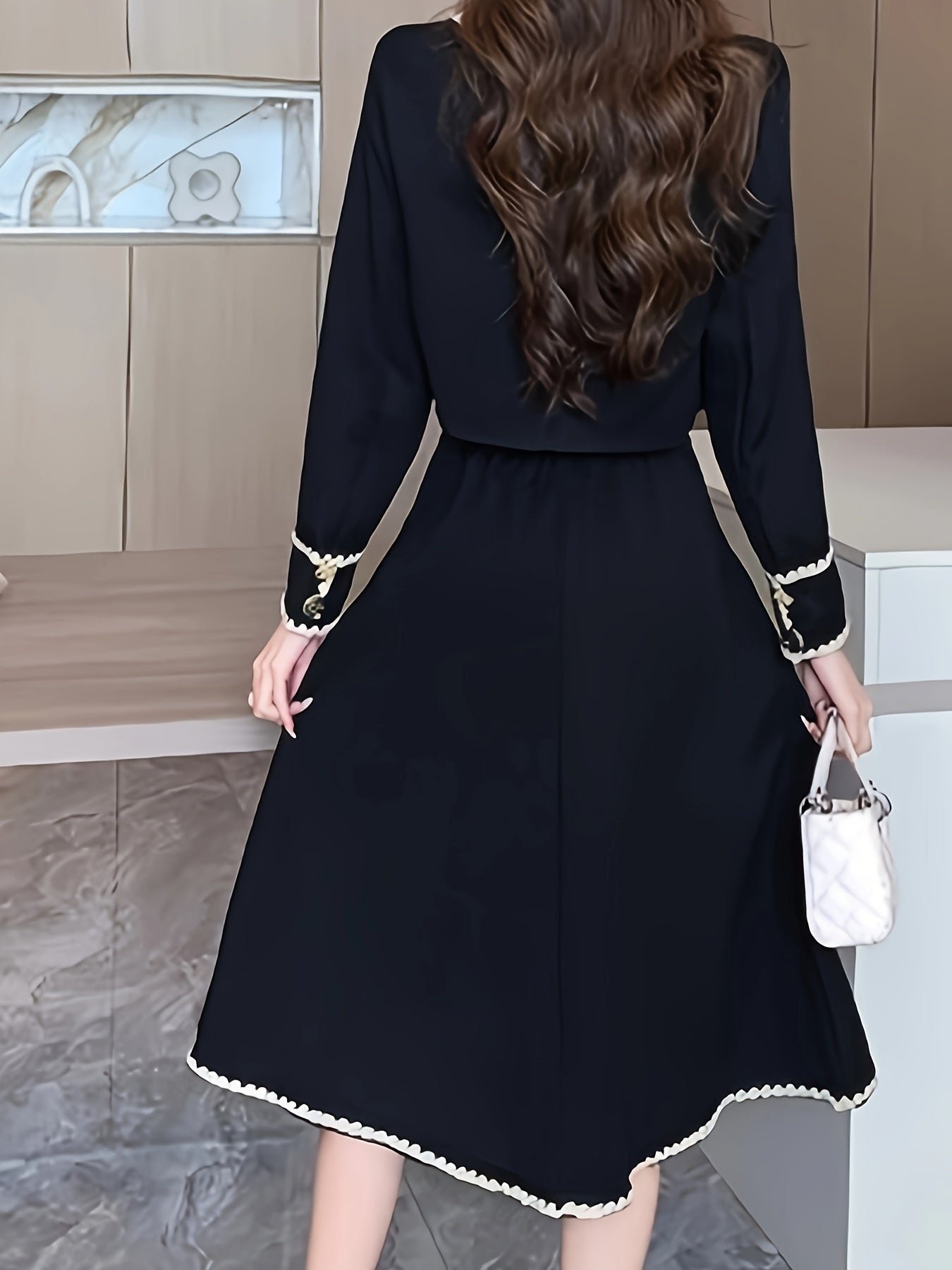 Elegant Button Front Contrast Trim Skirt Set, Long Sleeve Jacket & Pleated Midi Skirt Outfits, Women's Clothing
