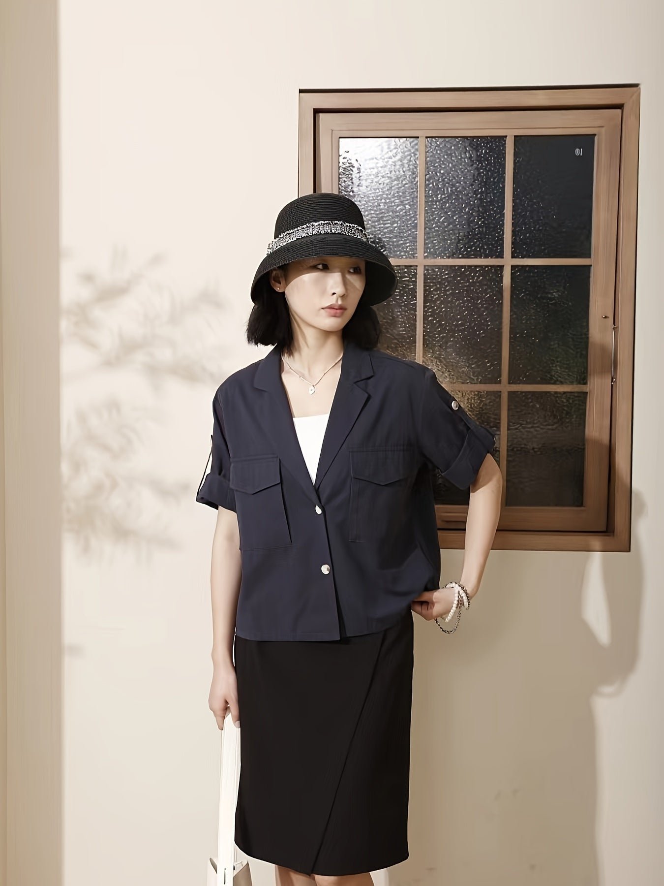 Solid Flap Jacket Button Up Jacket, Casual Short Sleeve Lapel Collar Loose Jaket, Women's Clothing