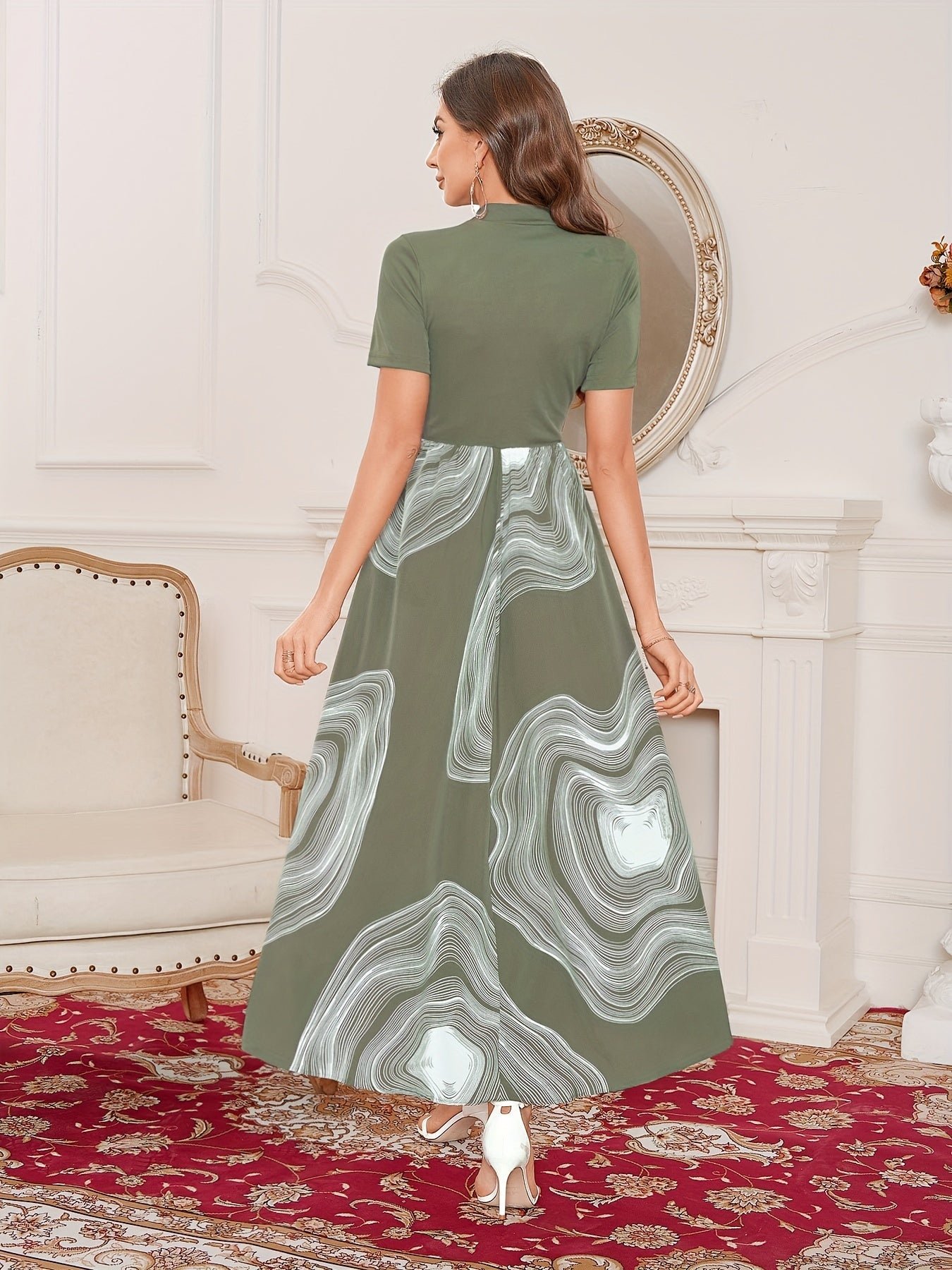 Graphic Print Splicing Aline Dress, Vintage Mock Neck Short Sleeve Dress, Women's Clothing