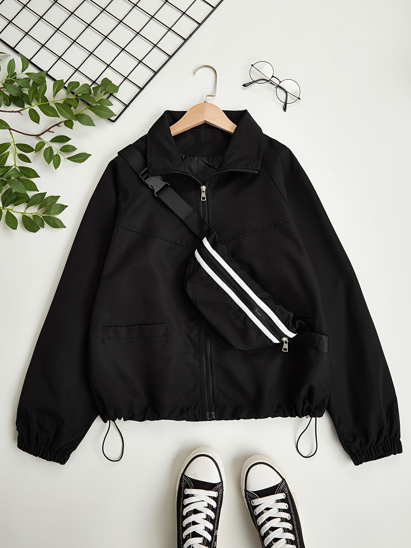 Solid Zip Up Jacket, Casual Long Sleeve Windproof Daily Outerwear With Bag, Women's Clothing