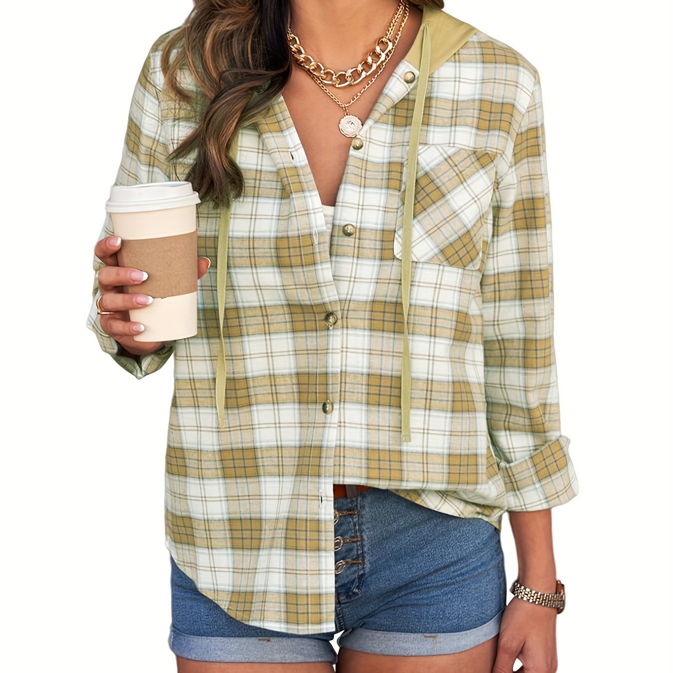 Plaid Print Single Breasted Jacket, Casual Drawstring Outwear For Spring & Fall, Women's Clothing