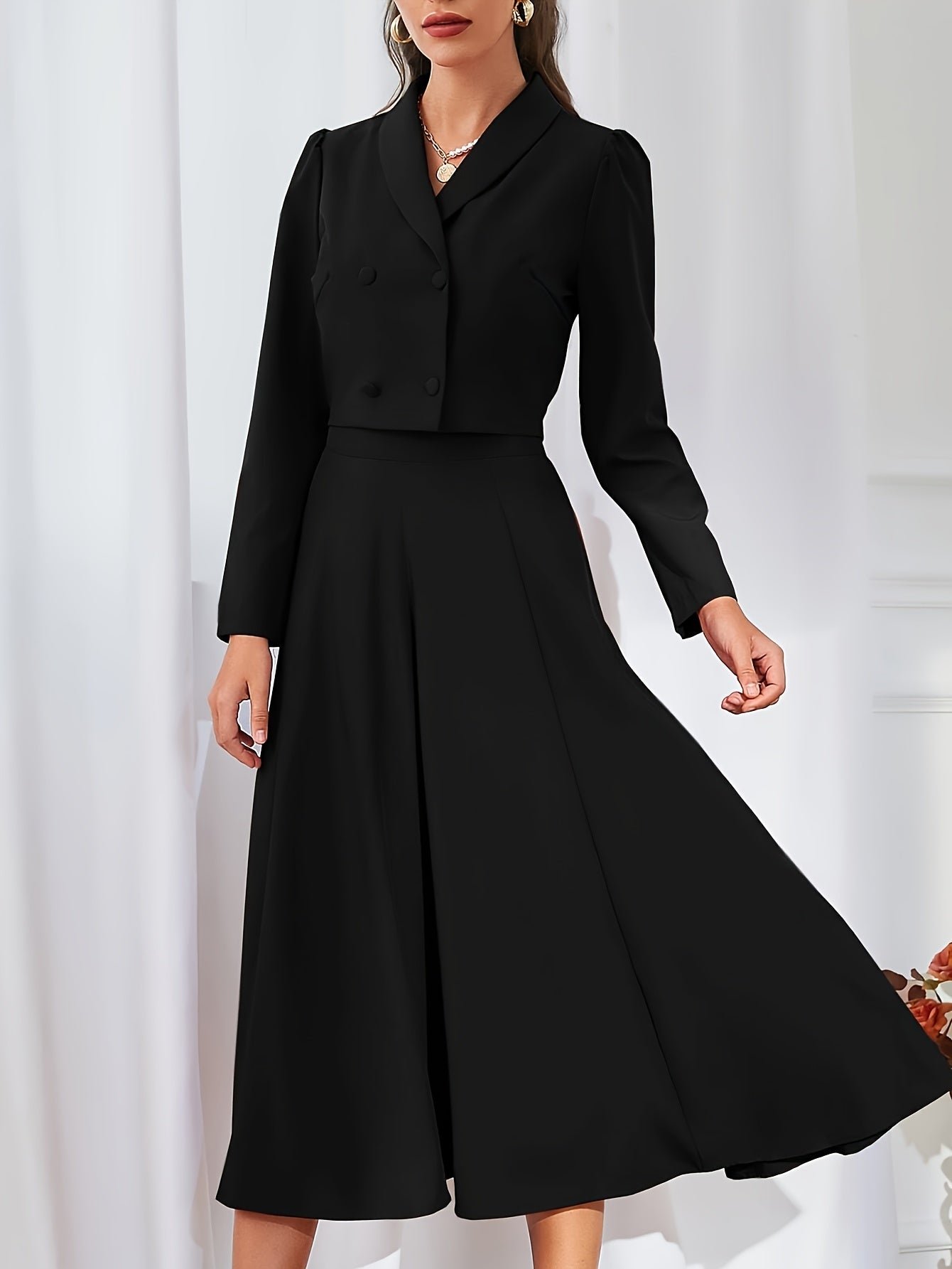 Solid Color Elegant Skirt Suit, Double Button Long Sleeve Crop Jacket & High Waist Midi Skirt Outfits, Women's Clothing
