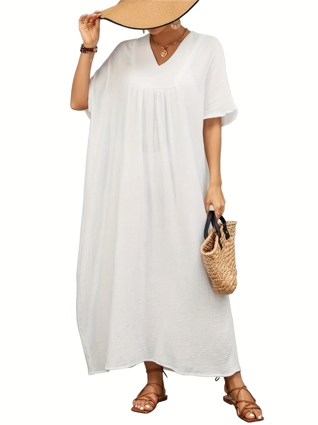 Solid Color V Neck Coverup Dress, Casual Batwing Sleeve Loose Maxi Dress For Spring & Summer, Women's Clothing