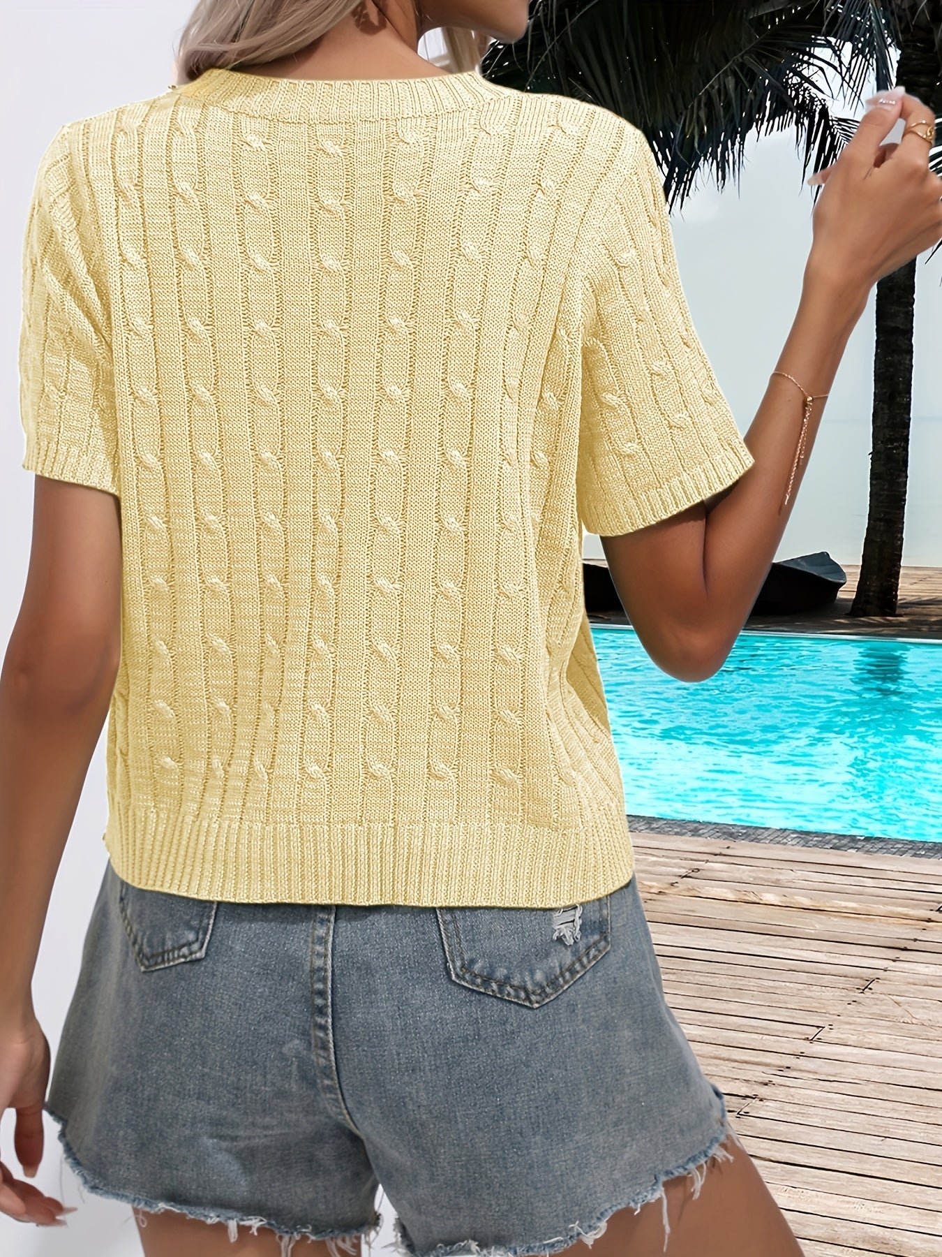 Cable Knitted Crew Neck Sweater, Casual Short Sleeve Pullover Sweater For Spring & Summer, Women's Clothing