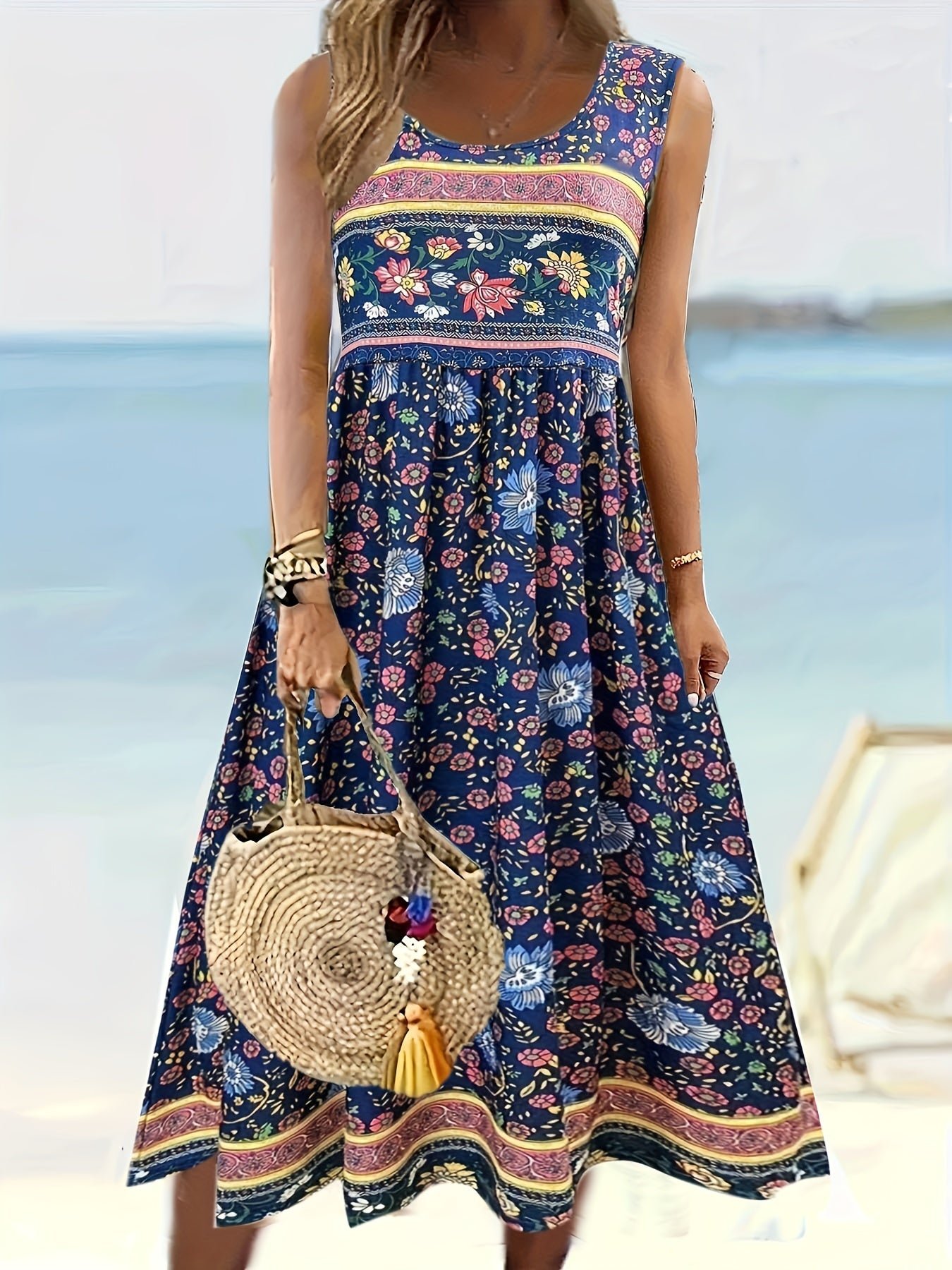 Floral Print Crew Neck A-line Dress, Casual Sleeveless Tank Dress For Spring & Summer, Women's Clothing