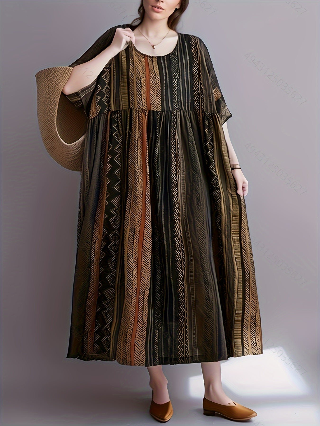 Plus Size Colorblock Stripe Print Loose Dress, Casual Short Sleeve Ruched Dress For Spring & Summer, Women's Plus Size Clothing