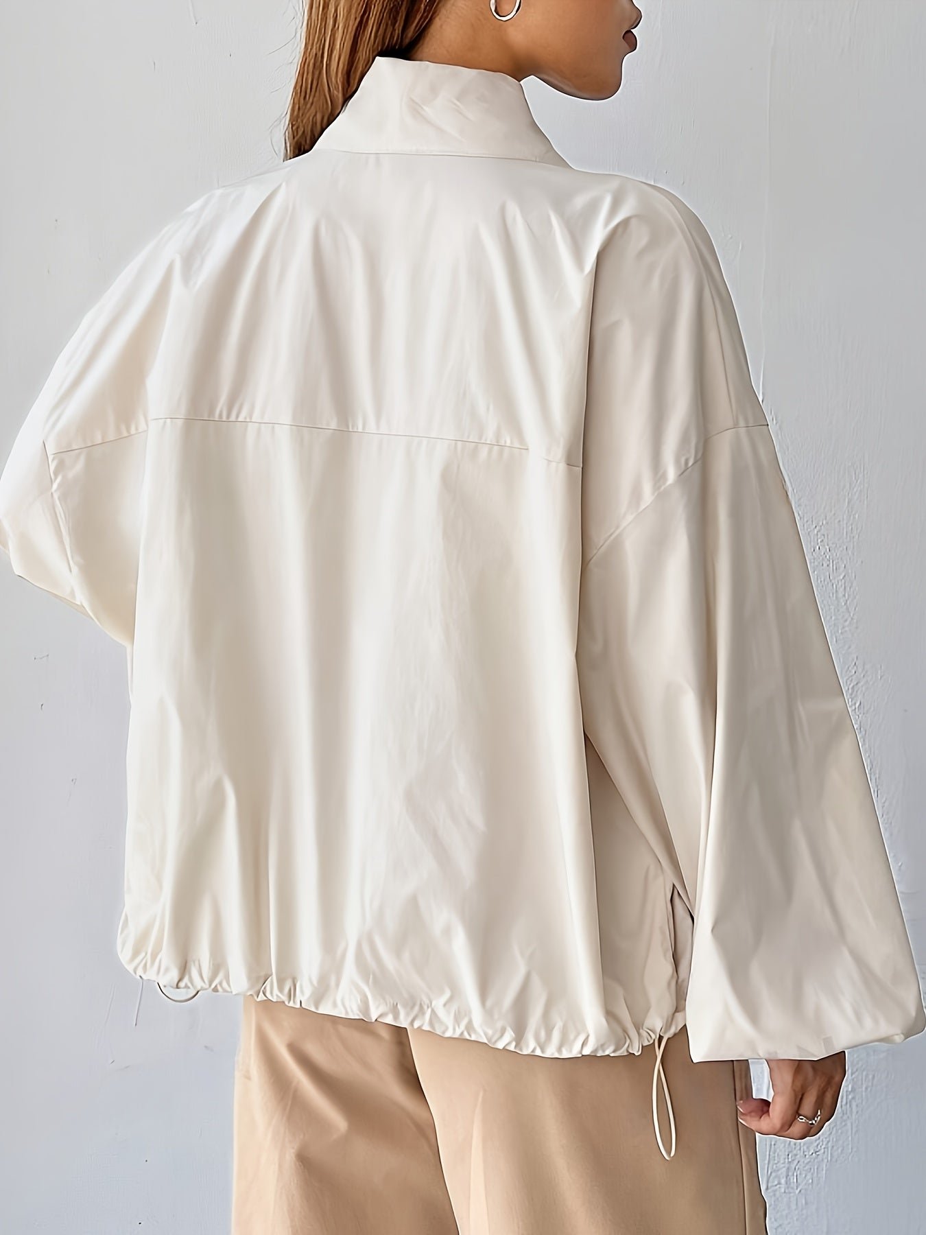 Solid Color Zip Up Drawstring Jacket, Casual Long Sleeve Jacket For Spring & Fall, Women's Clothing