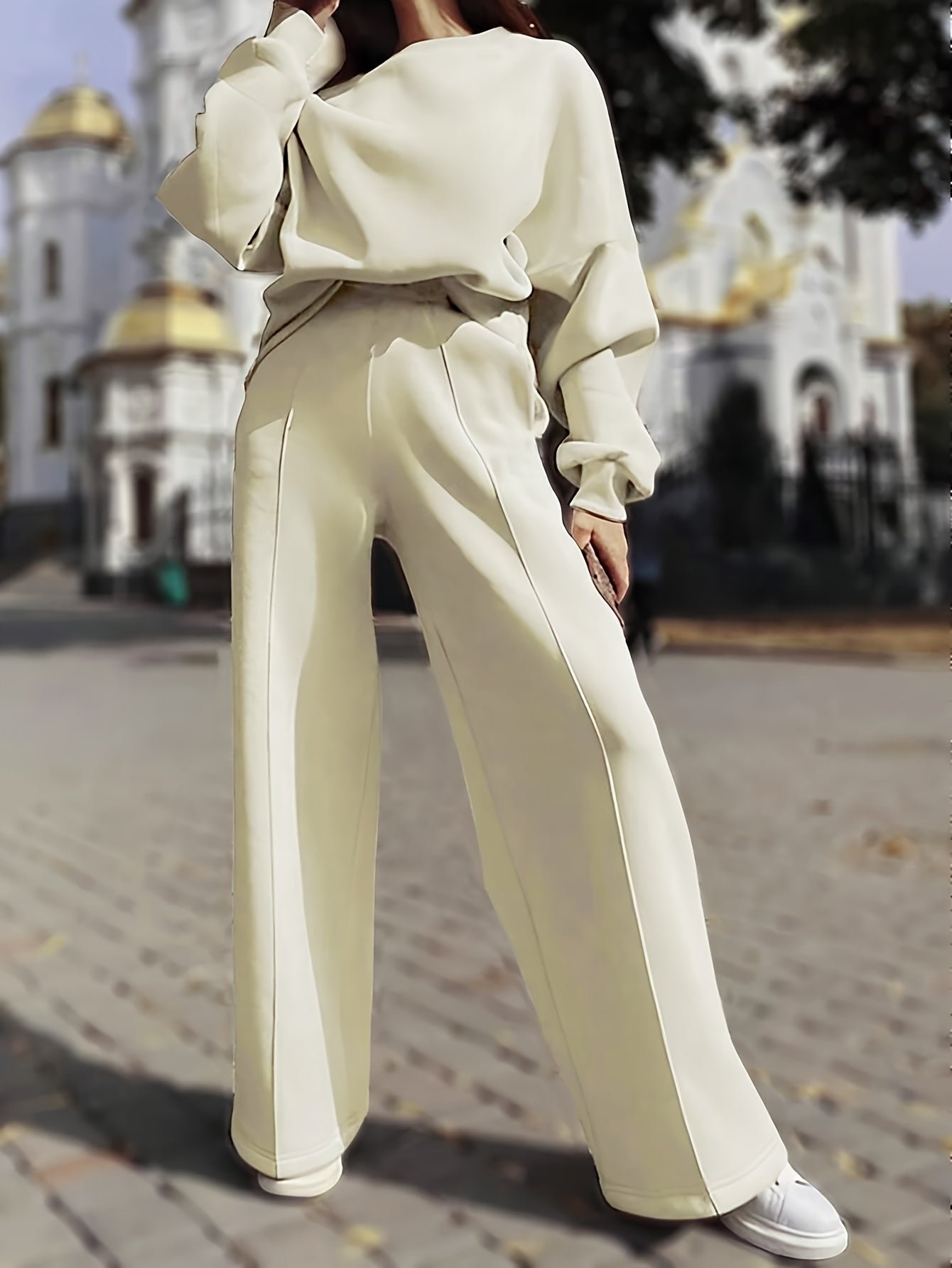 Elegant Pintuck Solid Color Set, Drop Shoulder Long Sleeve Sweatshirt & Straight Leg Pants, Women's Clothing