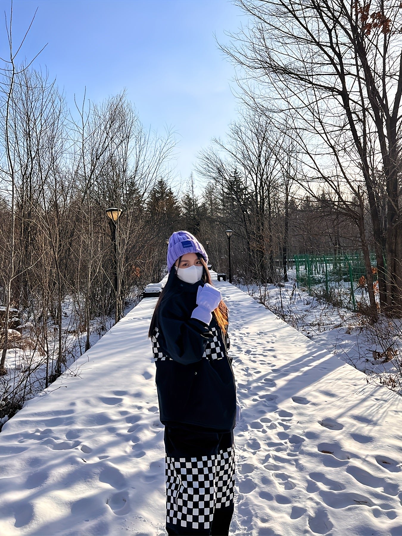 Ski Suit, Checkered Windproof Waterproof Ski Top & Ski Pants Suit, Women's Activewear