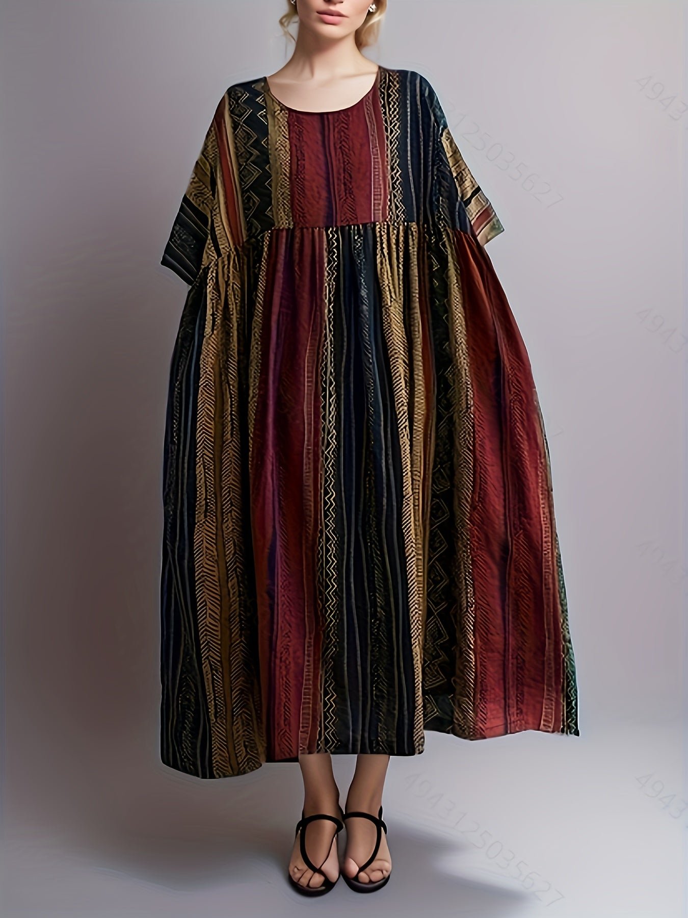 e85384fa-43f7-45c4-a678-3038f028f307-1 Plus Size Colorblock Stripe Print Loose Dress, Casual Short Sleeve Ruched Dress For Spring & Summer, Women's Plus Size Clothing