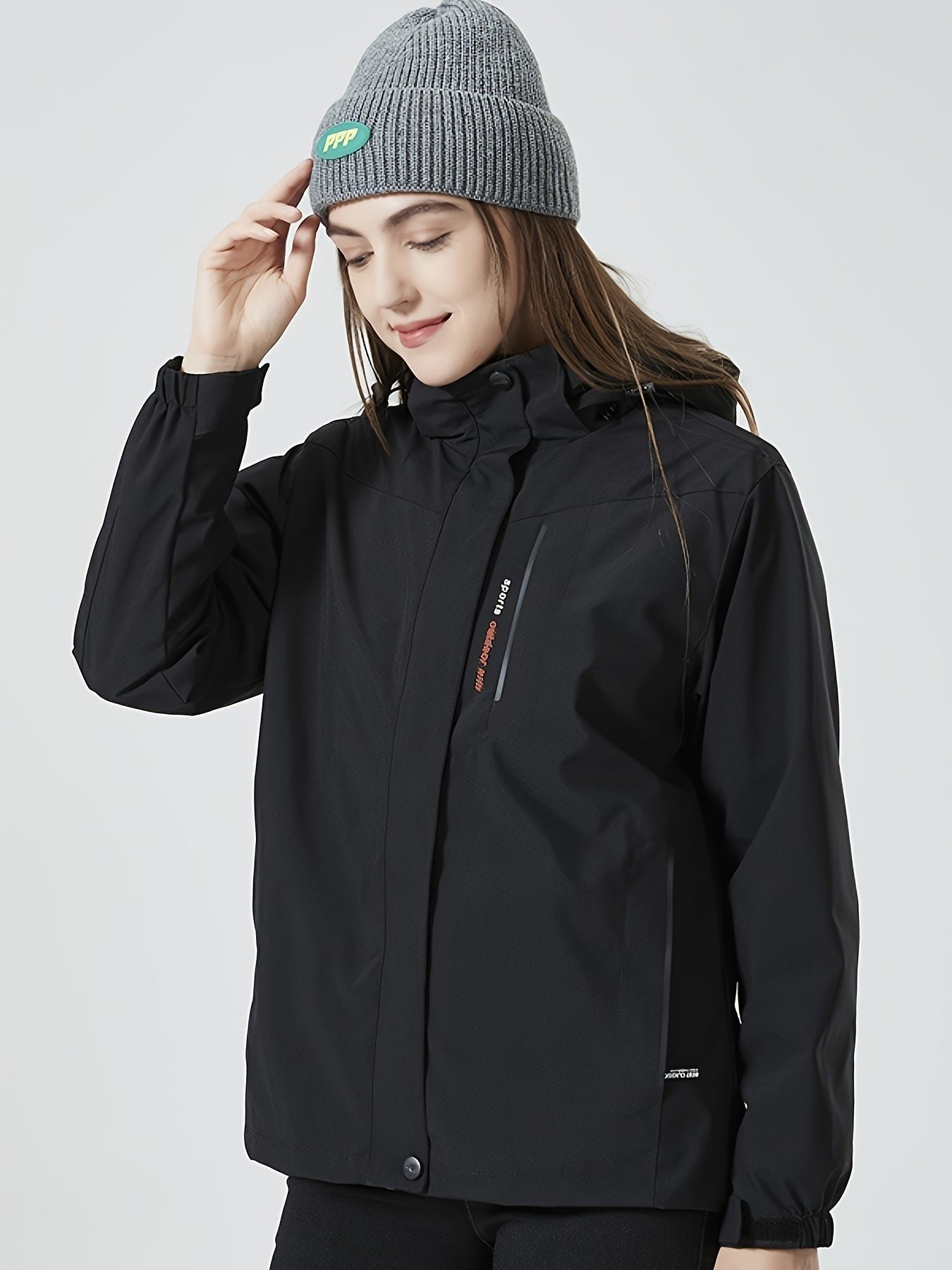 Women's Outdoor Sport Jacket, Solid Color Zipper Up Fleece Warm Winter Ski Hooded Jacket, Women's Clothing
