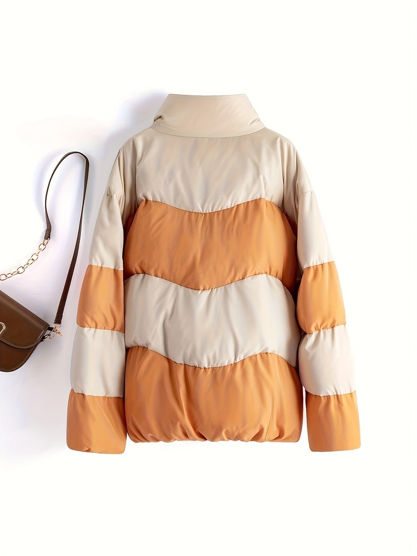 Color Block Puffer Jacket For Women, Stand Collar Warn Winter Sports Jacket, Women's Activewear