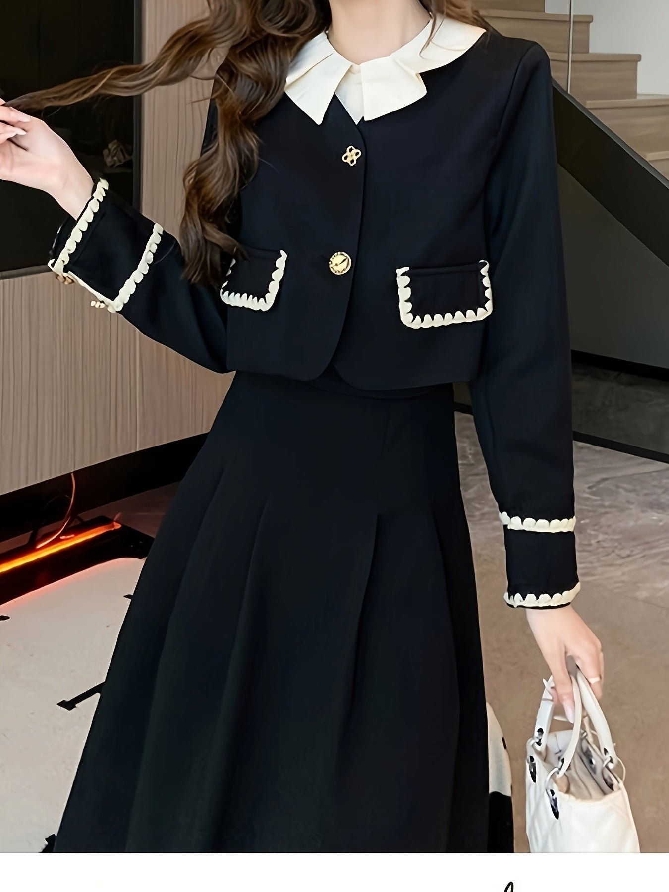 Elegant Button Front Contrast Trim Skirt Set, Long Sleeve Jacket & Pleated Midi Skirt Outfits, Women's Clothing