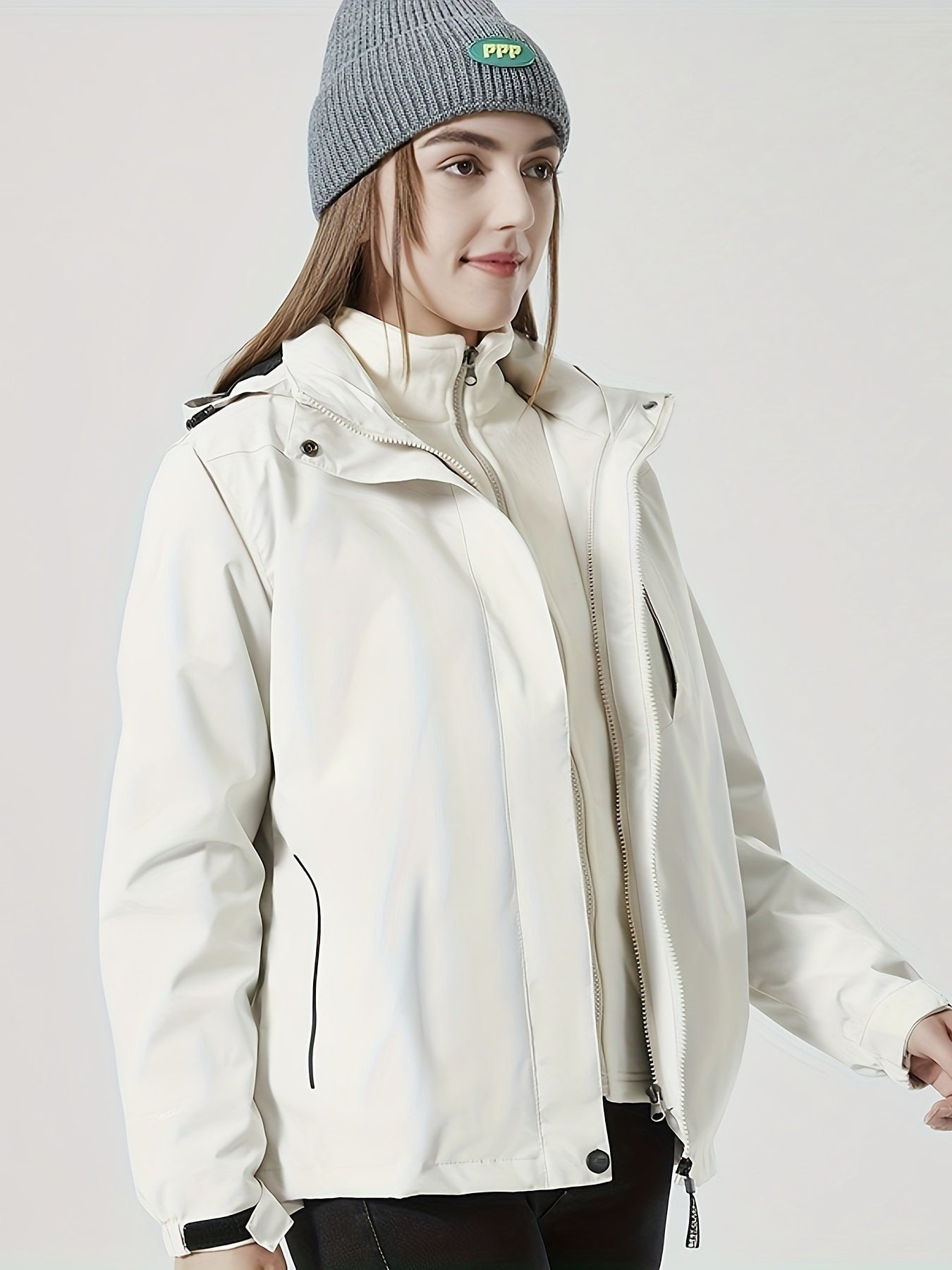 Women's Outdoor Sport Jacket, Solid Color Zipper Up Fleece Warm Winter Ski Hooded Jacket, Women's Clothing