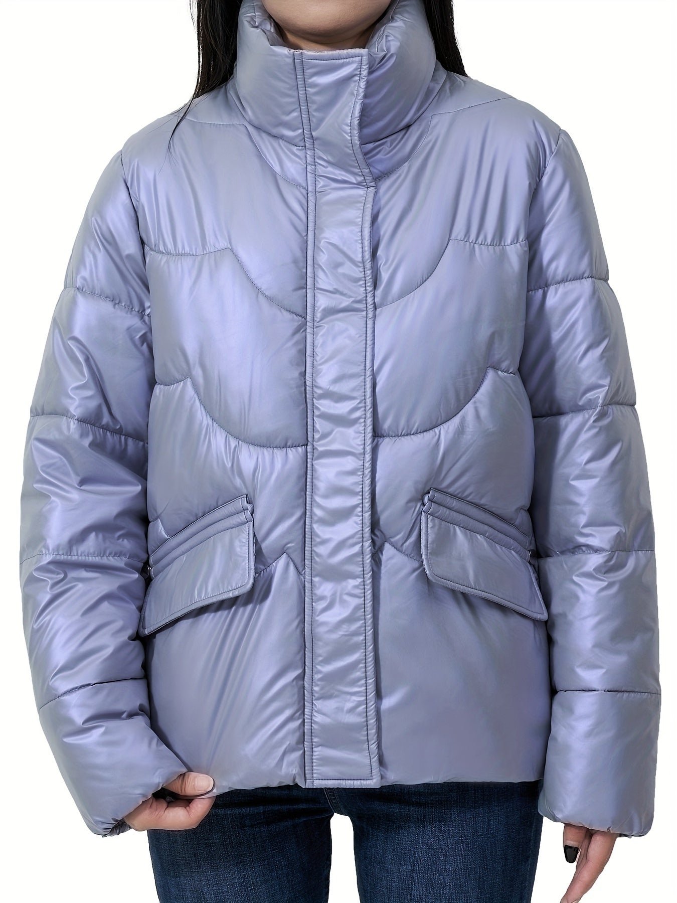 Solid Color Fashionable Puffer Jacket For Women, Thickened Warm Stand Collar Coat For Winter Outdoor, Women's Clothing