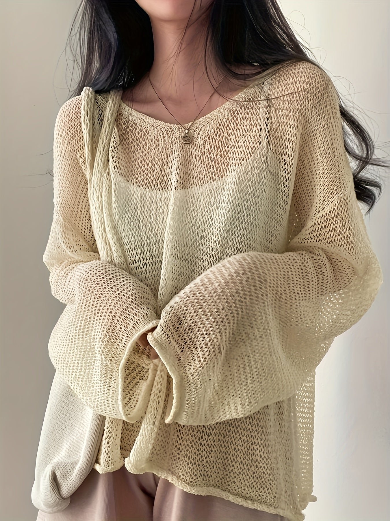 Solid Knitted Pullover Top, Casual Crew Neck Long Sleeve Crochet Coverup Top, Women's Clothing