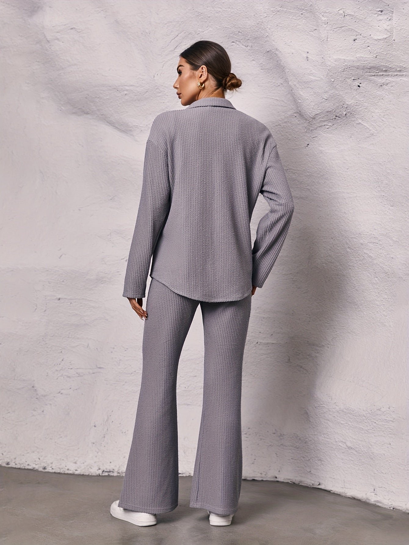 Solid Casual Two-piece Set, Button Up Long Sleeve Top & Pants Outfits, Women's Clothing