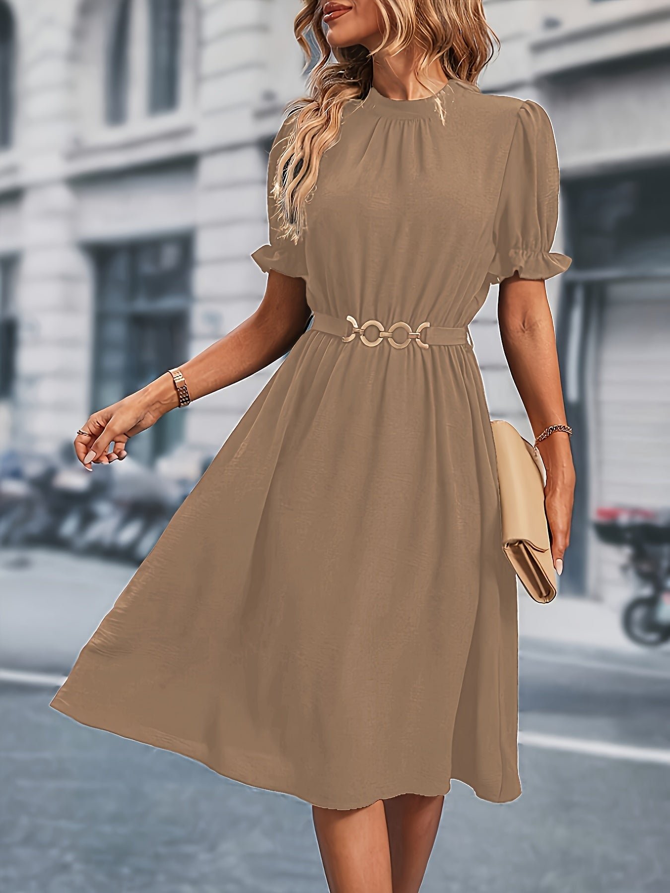 Chain Belted Puff Sleeve Dress, Elegant Summer Mock Neck Knee Length Dress For Spring & Summer, Women's Clothing