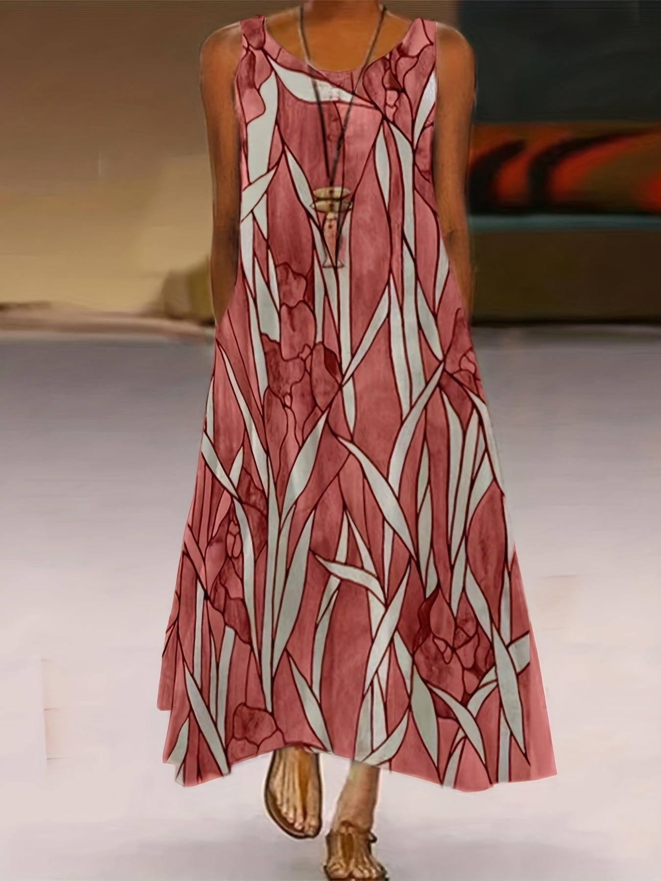 f7cf130d643290849842580780c13967 Plus Size Casual Summer Dress, Women's Plus Flower & Leaf Print Sleeveless Round Neck Medium Stretch Maxi Cami Dress With Pockets