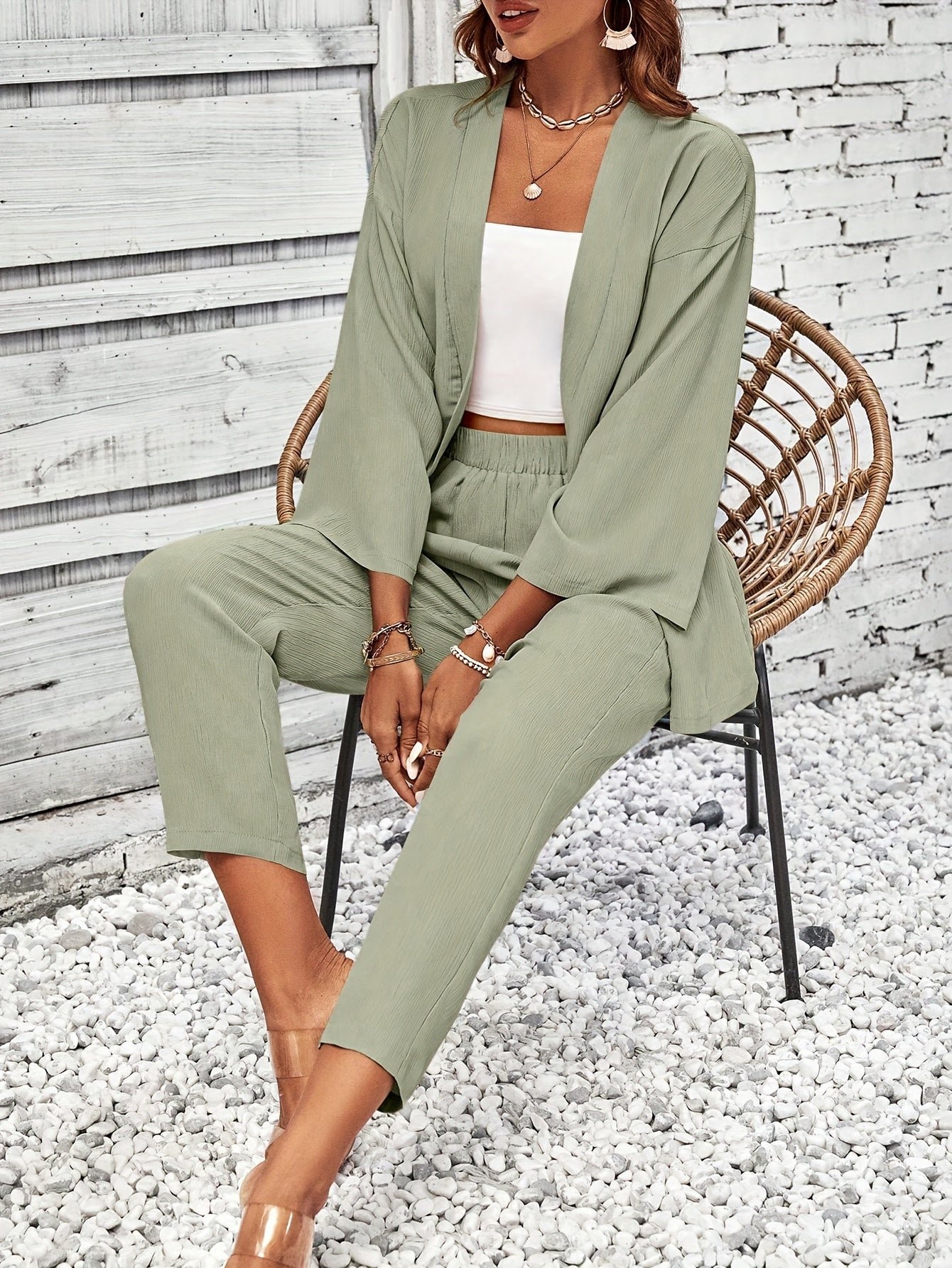 Elegant Solid Color Pantsuits Set, Open Front Outwear & Straight Leg Pants Outfits, Women's Clothing