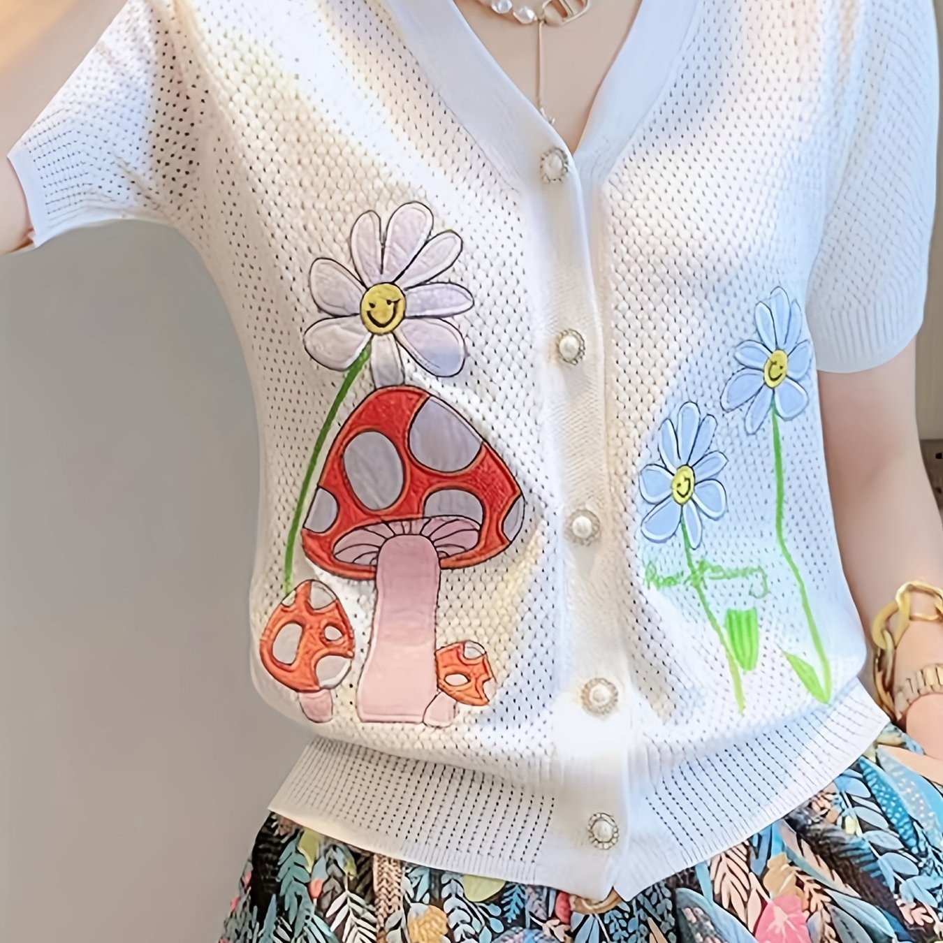 Floral & Mushroom Pattern V Neck Cardigan, Casual Beaded Button Short Sleeve Sweater For Spring & Summer, Women's Clothing