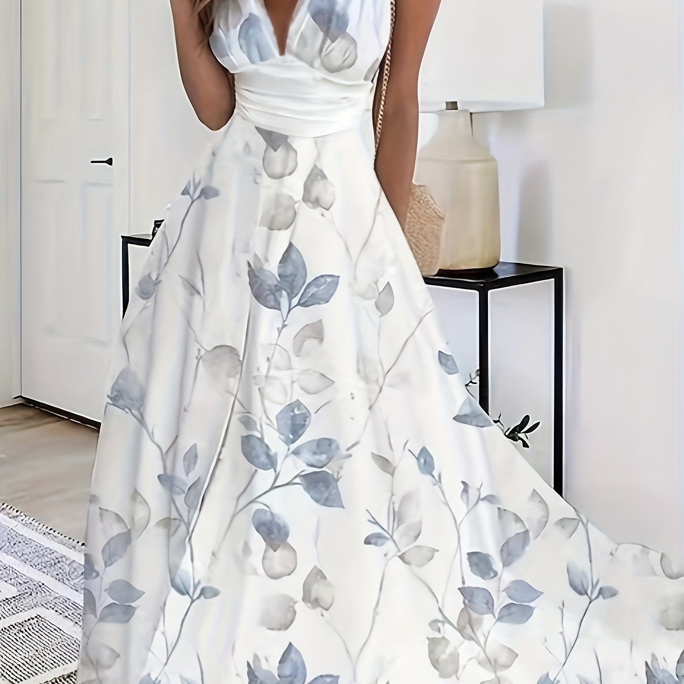 Plant Print High Waist Tank Dress, Elegant V Neck Sleeveless Dress For Spring & Summer, Women's Clothing