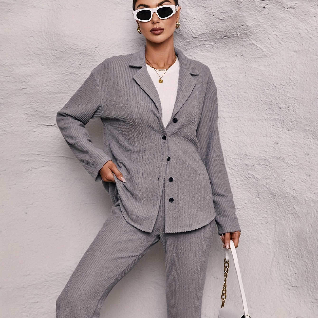 Solid Casual Two-piece Set, Button Up Long Sleeve Top & Pants Outfits, Women's Clothing