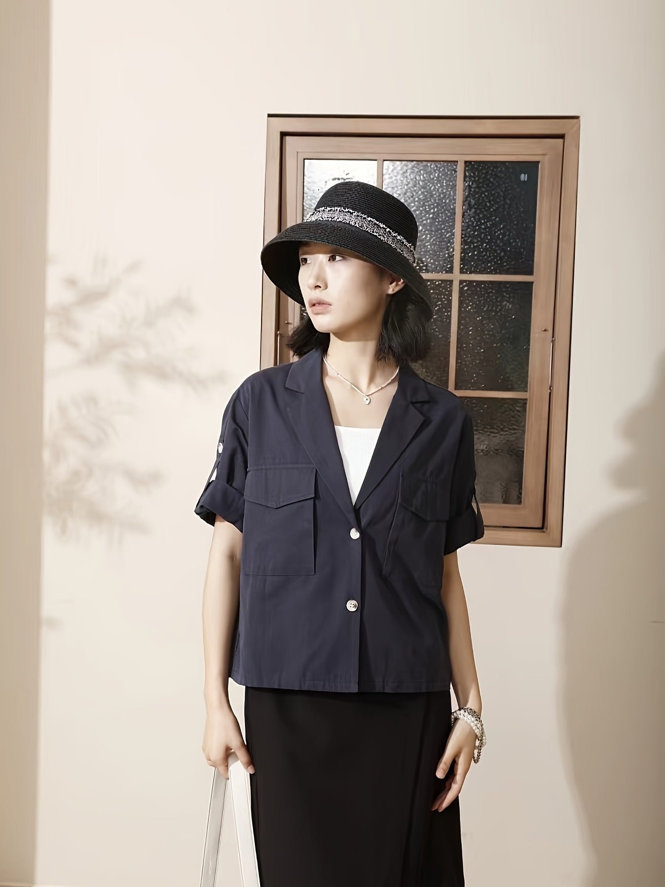 Solid Flap Jacket Button Up Jacket, Casual Short Sleeve Lapel Collar Loose Jaket, Women's Clothing